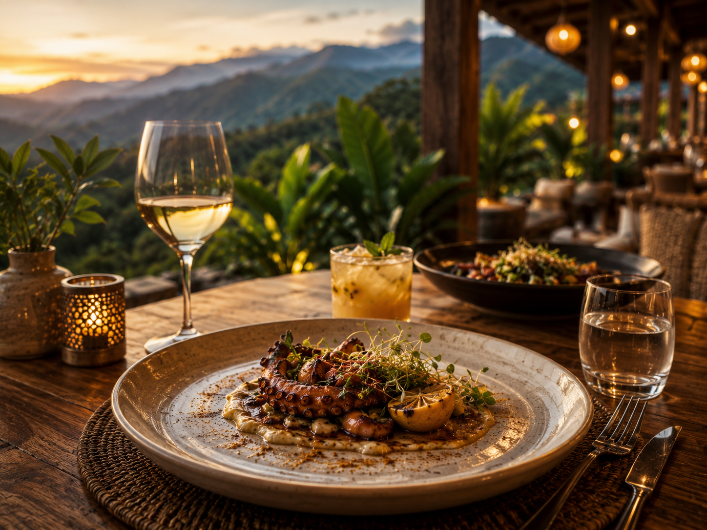 Gastronomia Plato servido, mesa en terraza, brunch, cena o restaurante con ambiente cálido.